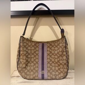 Coach Signature Jacquard Purple Stripe Zip Hobo Style Bag